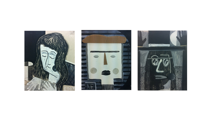 Still feeling empty (2012) Ink, acrylic, cut paper, charcoal on canvas, 24" x 20" | Busted Mime (2012) Ink, oil pastel, acrylic, and cardboard on canvas, 24" x 20" | Square head hair head (2013) Charcoal, gouache, acrylic, calking, cut paper on canvas, 24" x 20" 